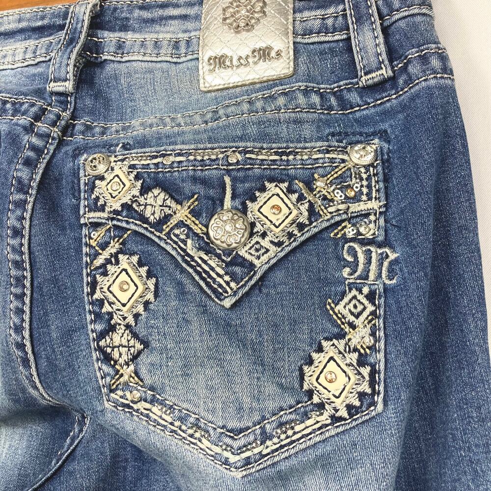 Chloe Boot Cuff Miss Me Jeans w distressed front, embellished pockets 34" inseam